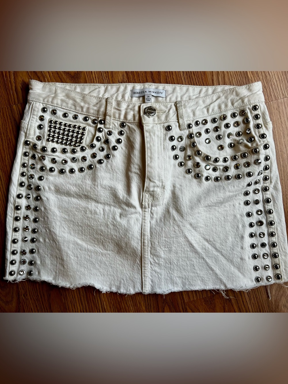 Rebecca Minkoff White Denim Studded Mini Skirt - Size 26